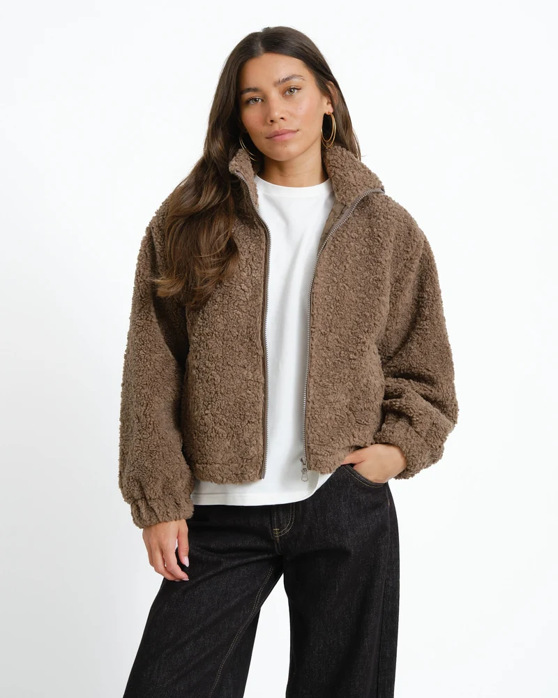Sarah High Neck Teddy Jacket Morel