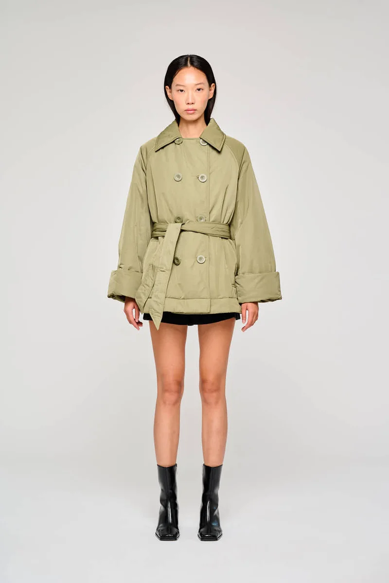 9313 GIACCA DOPPIOPETTO CORTA CON CINTURA IN NYLON VERDE MILITARE