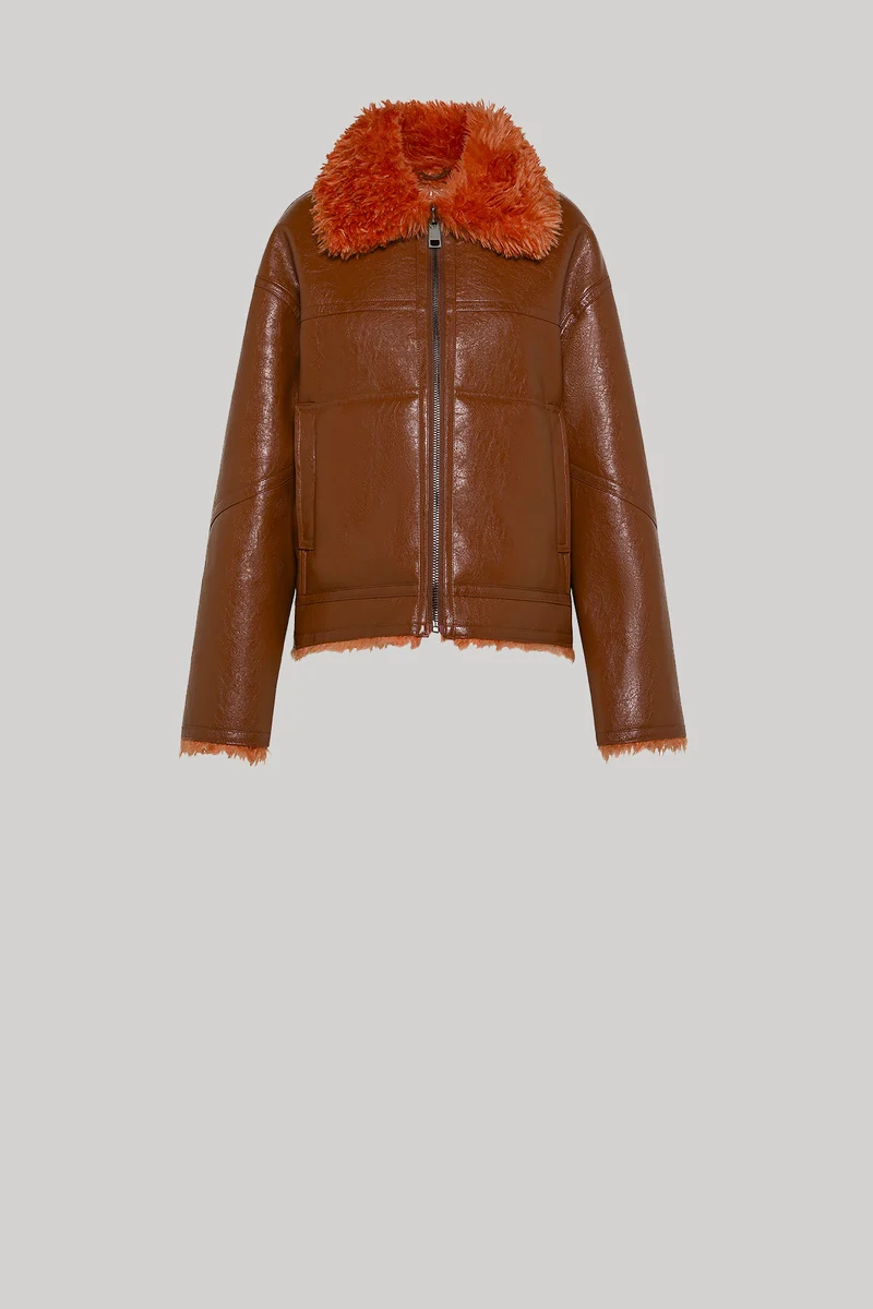 9332 GIACCA ECO SHEARLING REVERSIBILE CORTA ROSSO ARANCIONE