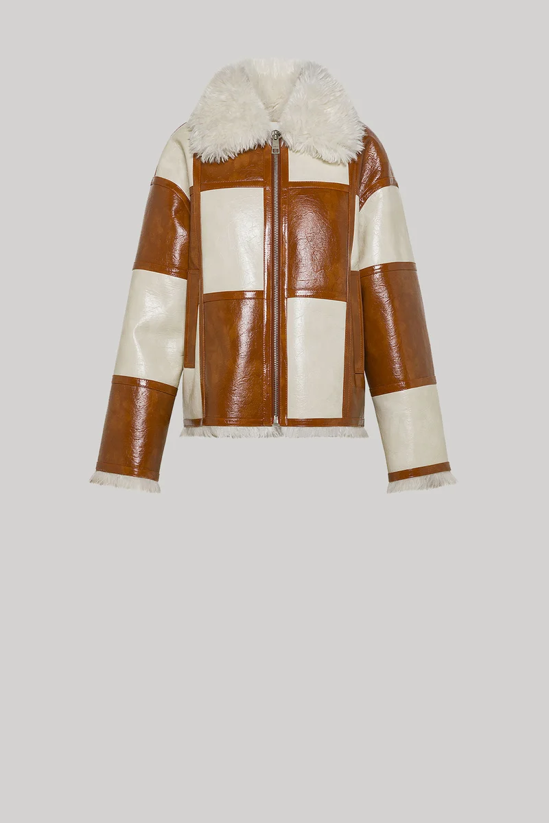 9338 GIACCA ECO SHEARLING A QUADRI MARRONE BIANCO