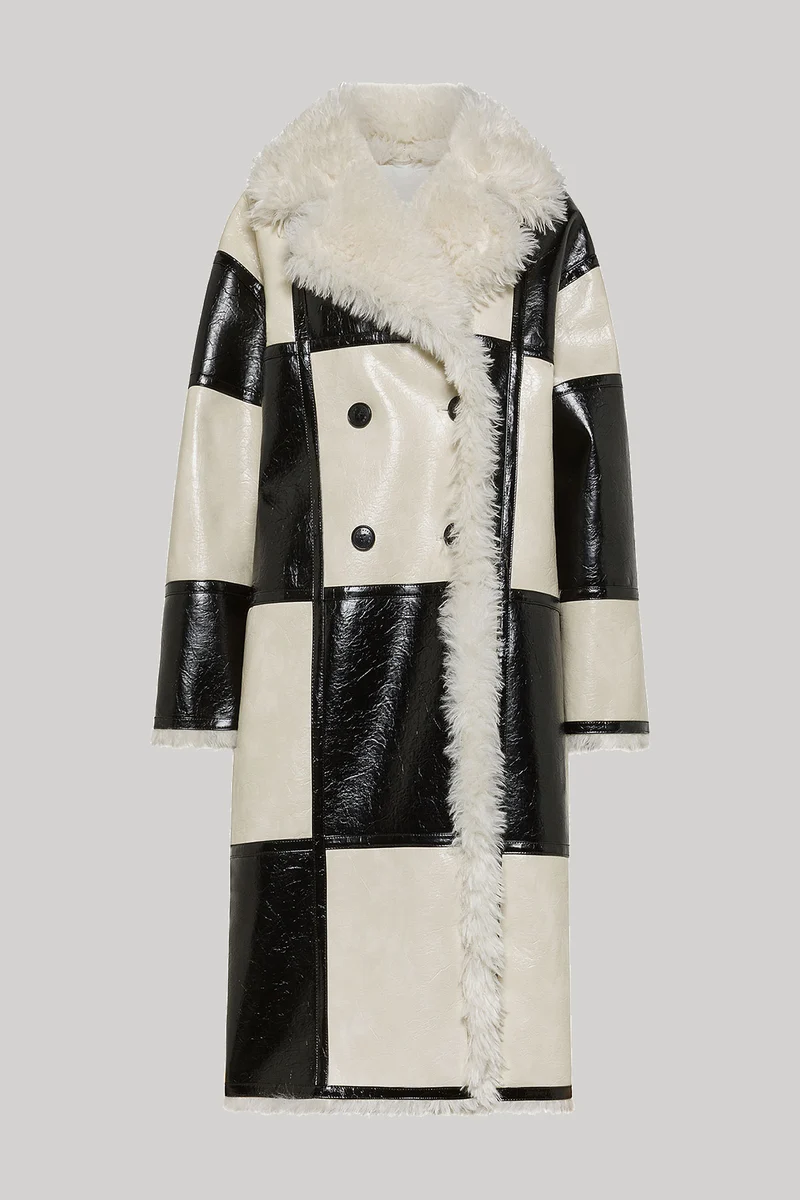 9339 CAPPOTTO LUNGO ECO SHEARLING A QUADRI NERO BIANCO