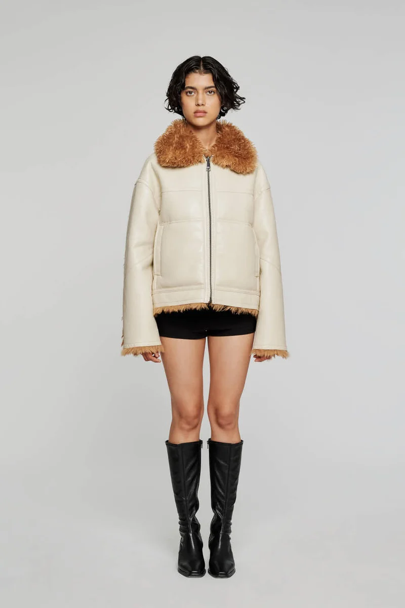 9332 GIACCA ECO SHEARLING REVERSIBILE CORTA AVORIO MARRONE