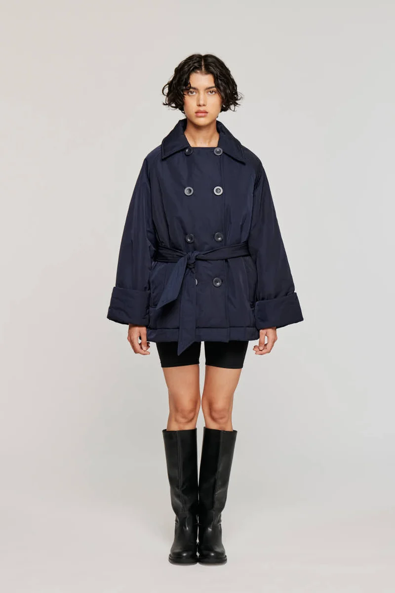 9313 GIACCA DOPPIOPETTO CORTA CON CINTURA IN NYLON BLU NOTTE
