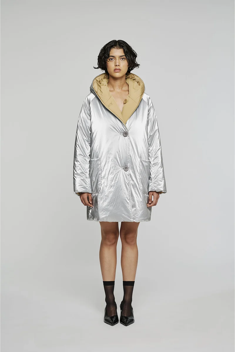 9341 GIACCA LUNGA REVERSIBILE IN NYLON MEMORY IDROREPELLENTE ARGENTO BEIGE