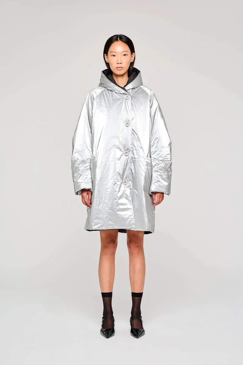 9341 GIACCA LUNGA REVERSIBILE IN NYLON MEMORY IDROREPELLENTE ARGENTO NERO