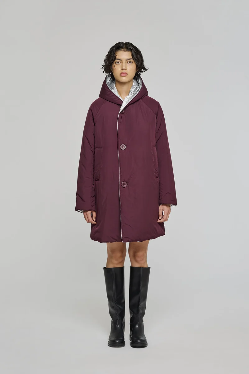 9341 GIACCA LUNGA REVERSIBILE IN NYLON MEMORY IDROREPELLENTE ARGENTO BORDEAUX
