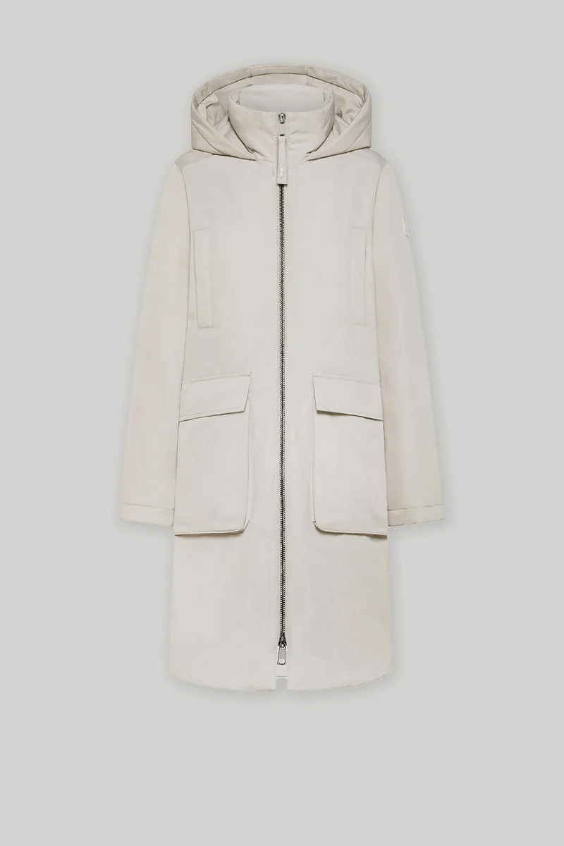 9312 GIACCA LUNGA CON CAPPUCCIO IN NYLON MEMORY IDROREPELLENTE PANNA