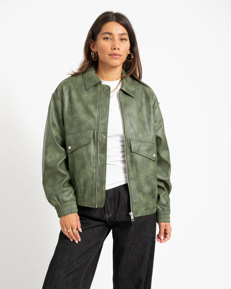 Topshop Sonja Coated Cropped Bomber Groen Jacket