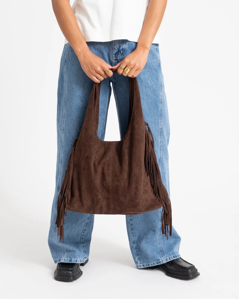 TILTIL Slouchy Fringe Faux Suede Bag Bruin