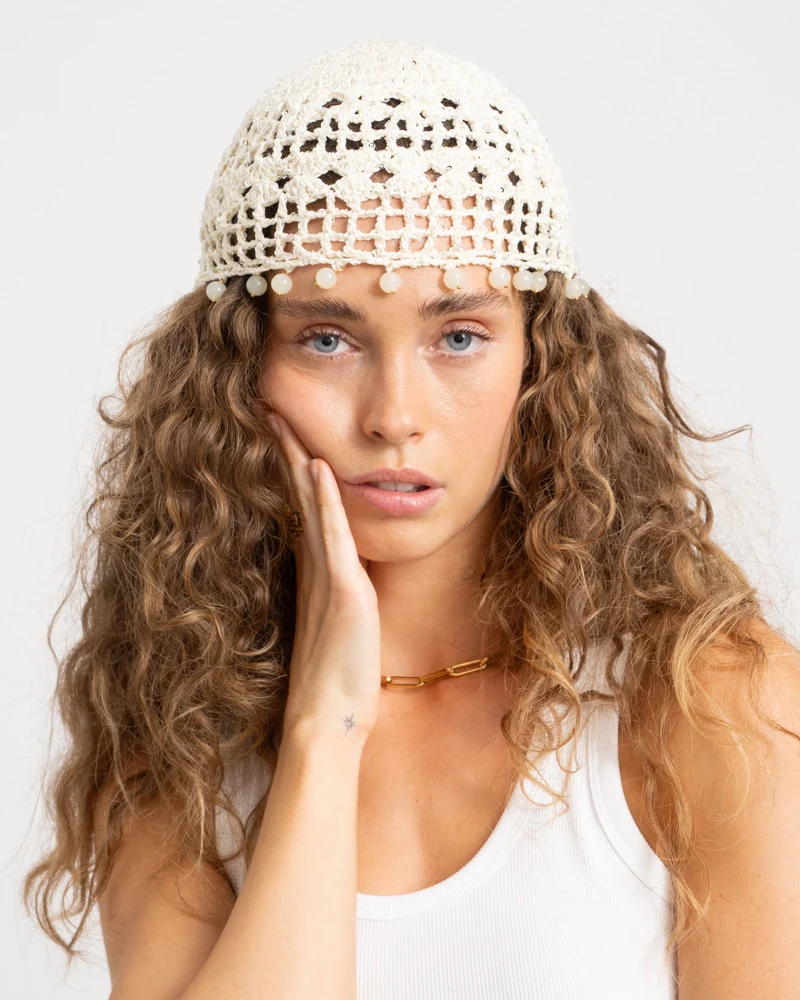 TILTIL Isla Crochet Bead Hat Creme Glitter Wit