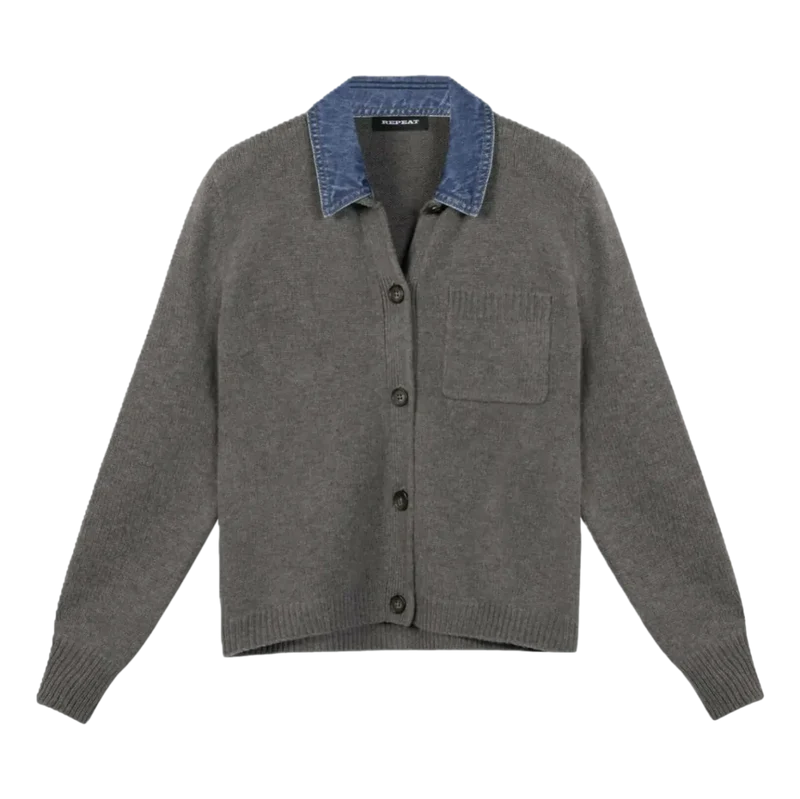 Repeat Wollen Vest Met Denim Kraag Taupe - Match Laren