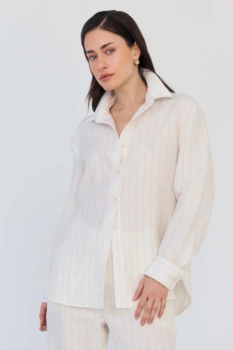 Whitney Linen Boyfriend Shirt - Ivory/Brown
