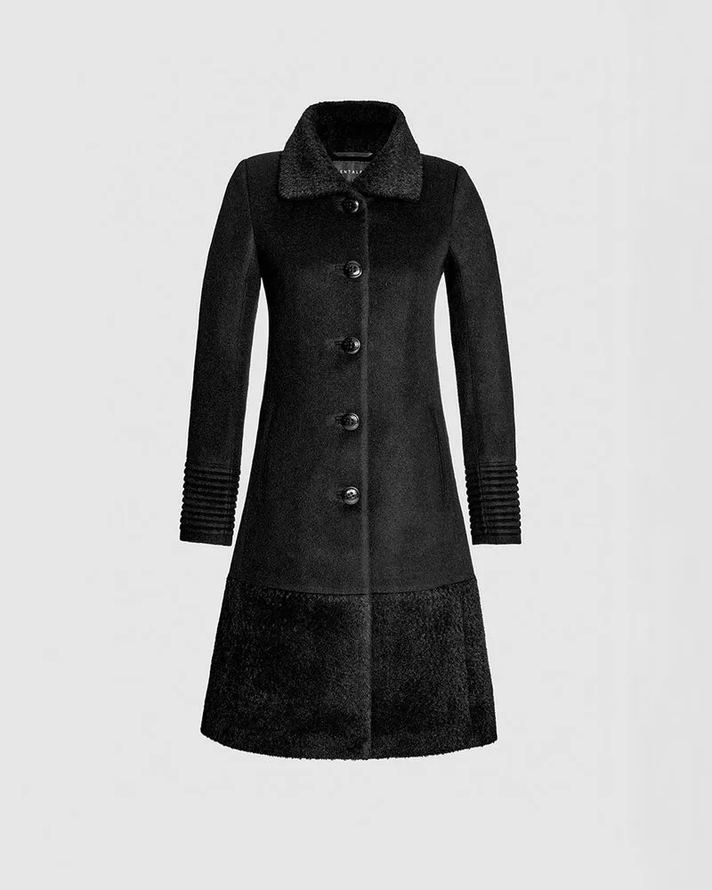 SENTALER Baby Alpaca Empire Waist A-Line Coat With Bouclé Alpaca Collar And Trim- Black