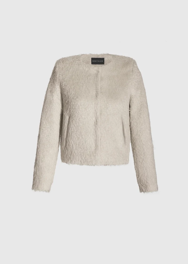 SENTALER Textured Suri Alpaca Collarless Moto Jacket