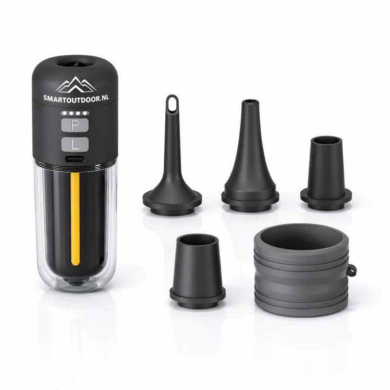 SmartOutdoor Zero X4 Mini Luchtpomp Zwart – Oplaadbaar & Draagbaar – Met LED Lamp – Elektrische Luchtbed & Vacuüm Pomp – Inclusief 5 Opzetstukken – Voor Camping & Zwemband