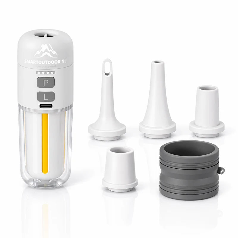 SmartOutdoor Zero X4 Mini Luchtpomp Wit – Oplaadbaar & Draagbaar – Met LED Lamp – Elektrische Luchtbed & Vacuüm Pomp – Inclusief 5 Opzetstukken – Voor Camping & Zwemband