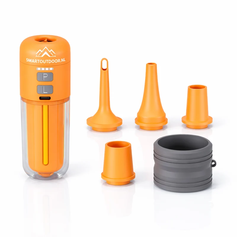 SmartOutdoor Zero X4 Mini Luchtpomp Oranje – Oplaadbaar & Draagbaar – Met LED Lamp – Elektrische Luchtbed & Vacuüm Pomp – Inclusief 5 Opzetstukken – Voor Camping & Zwemband